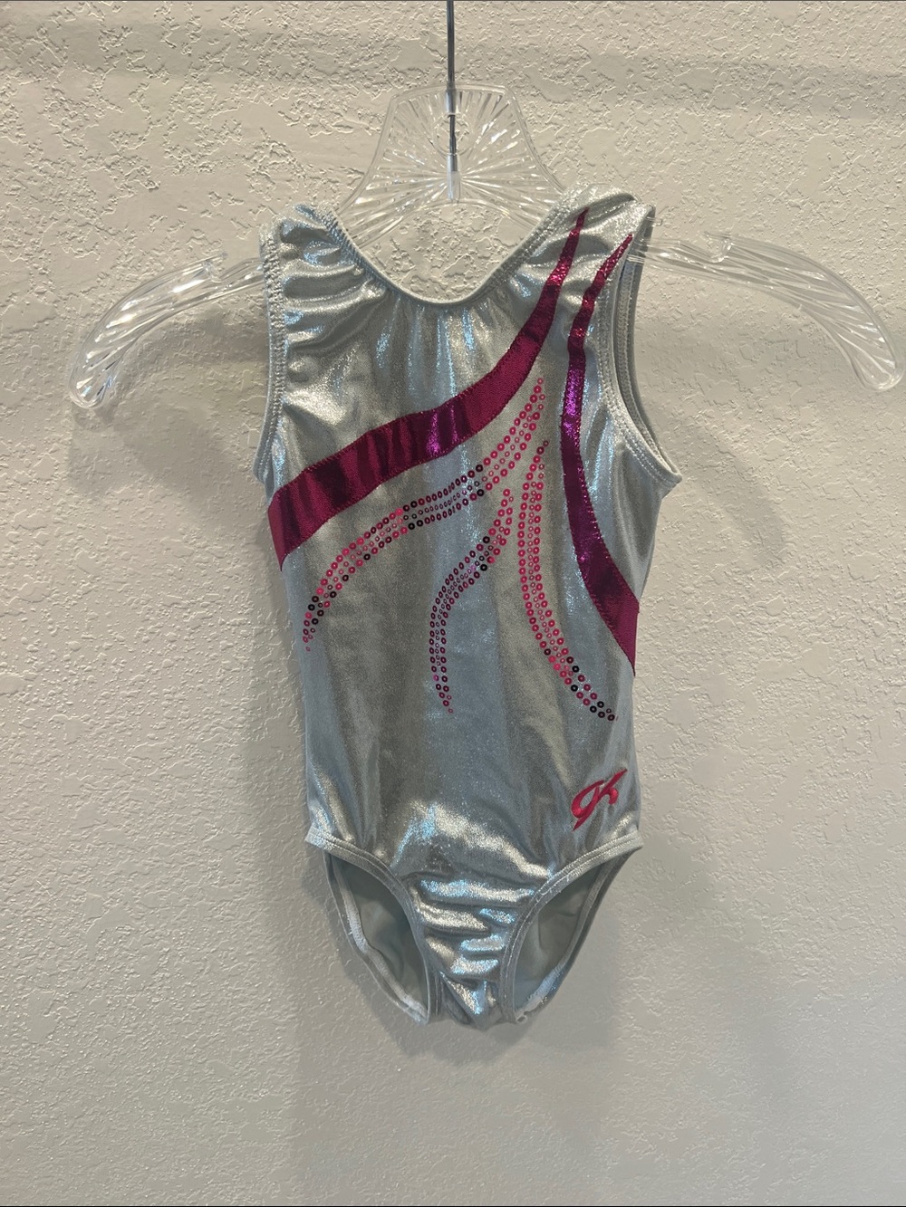 Girls Silver and Hot Pink Sparkle Gymnastics Leotard
